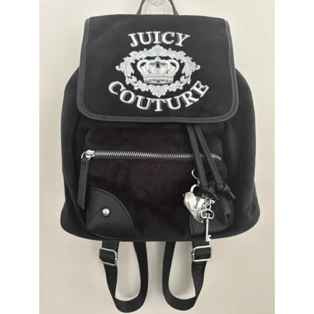 Juicy Couture Black Velour Backpack Silver Crown Logo Heart Charm Y2K Style